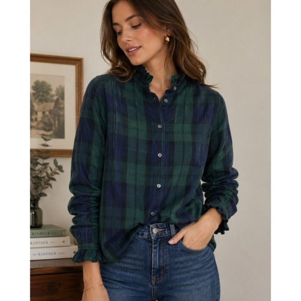 J Crew Factory Plaid Ruffle Collar Button Shirt Green‎ Navy XXL